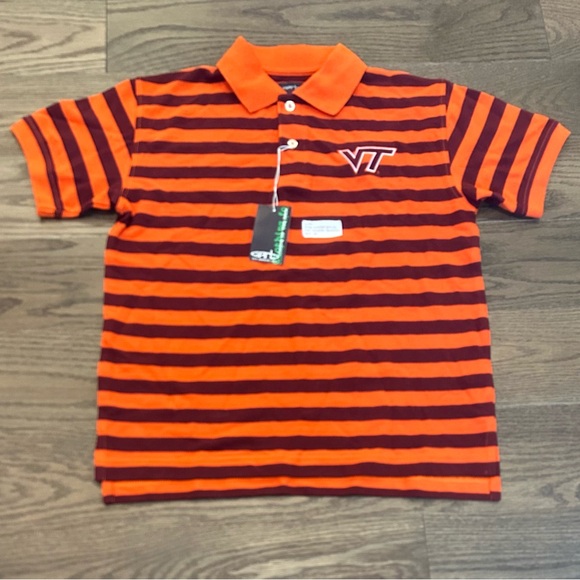 Virginia Tech Boys Polo Shirt Orange Maroon Striped Short Sleeve VT Logo NWT - Picture 1 of 6